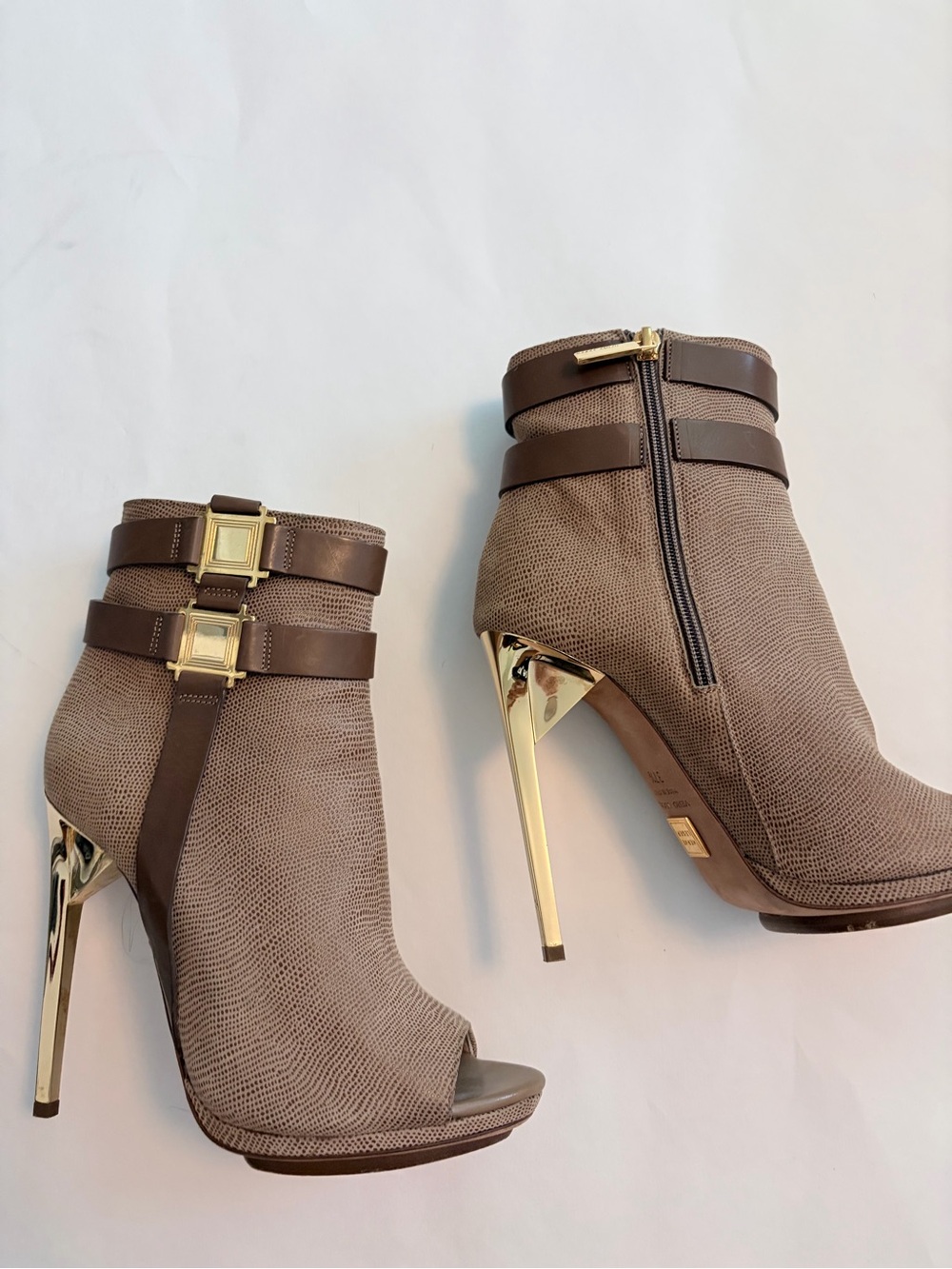 HERVΓ LΓGER CARMEL CHARLOT GOLD METAL HEEL BOOTIES 37.5